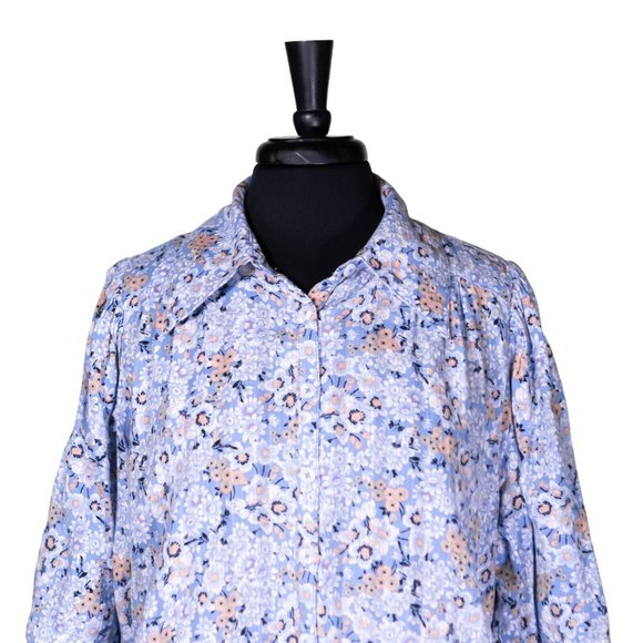 Free People Women's Shirt Button Up Blue Floral Boho Peasant Blouse Top Size L - Picture 4 of 8